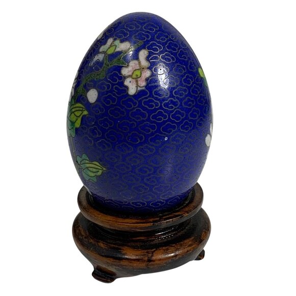 Blue Floral Lotus Cloisonné Decorative Egg Brass Cloud Background + Wooden Stand - Picture 2 of 7